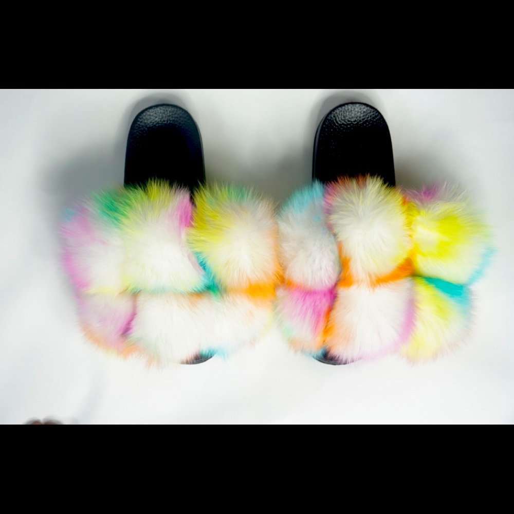 Fur slides ( Cotton Candy White Puff Ball Slides)